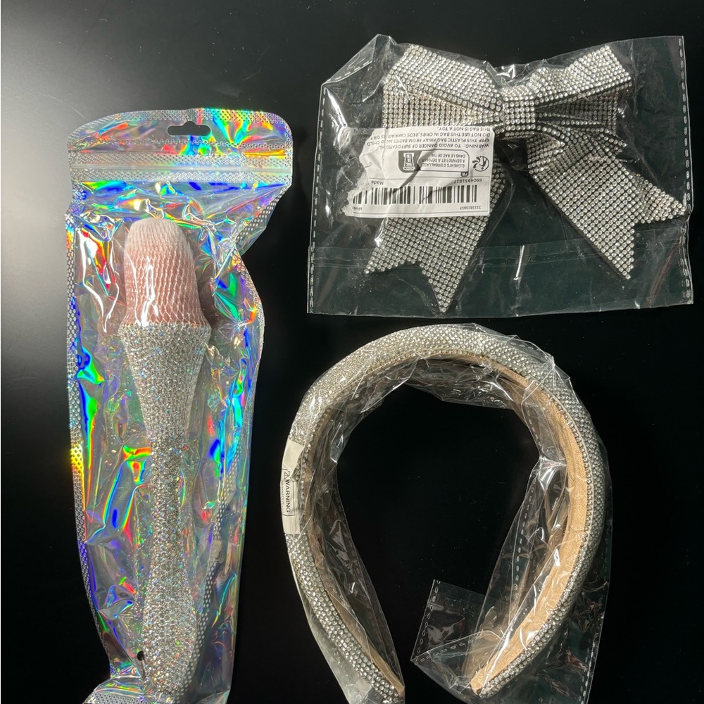New Rhinestone set with cosmetic brush, headband and barrette.